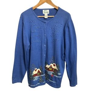 The Quacker Factory VTG Christmas Sweater Large Embroidered Cabin Grandmacore